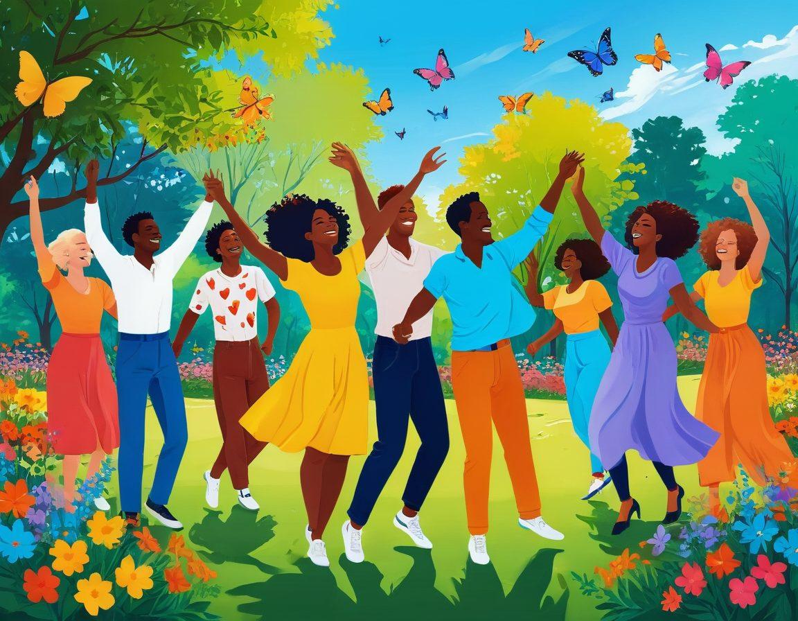 A colorful and uplifting scene depicting a group of diverse people engaging in joyful activities like dancing, laughing, and sharing moments of happiness in a sunny park. Include vibrant flowers, butterflies fluttering around, and a bright blue sky to symbolize cheerfulness. The overall atmosphere should feel warm and inviting, radiating positivity. digital illustration. vibrant colors. bright background.