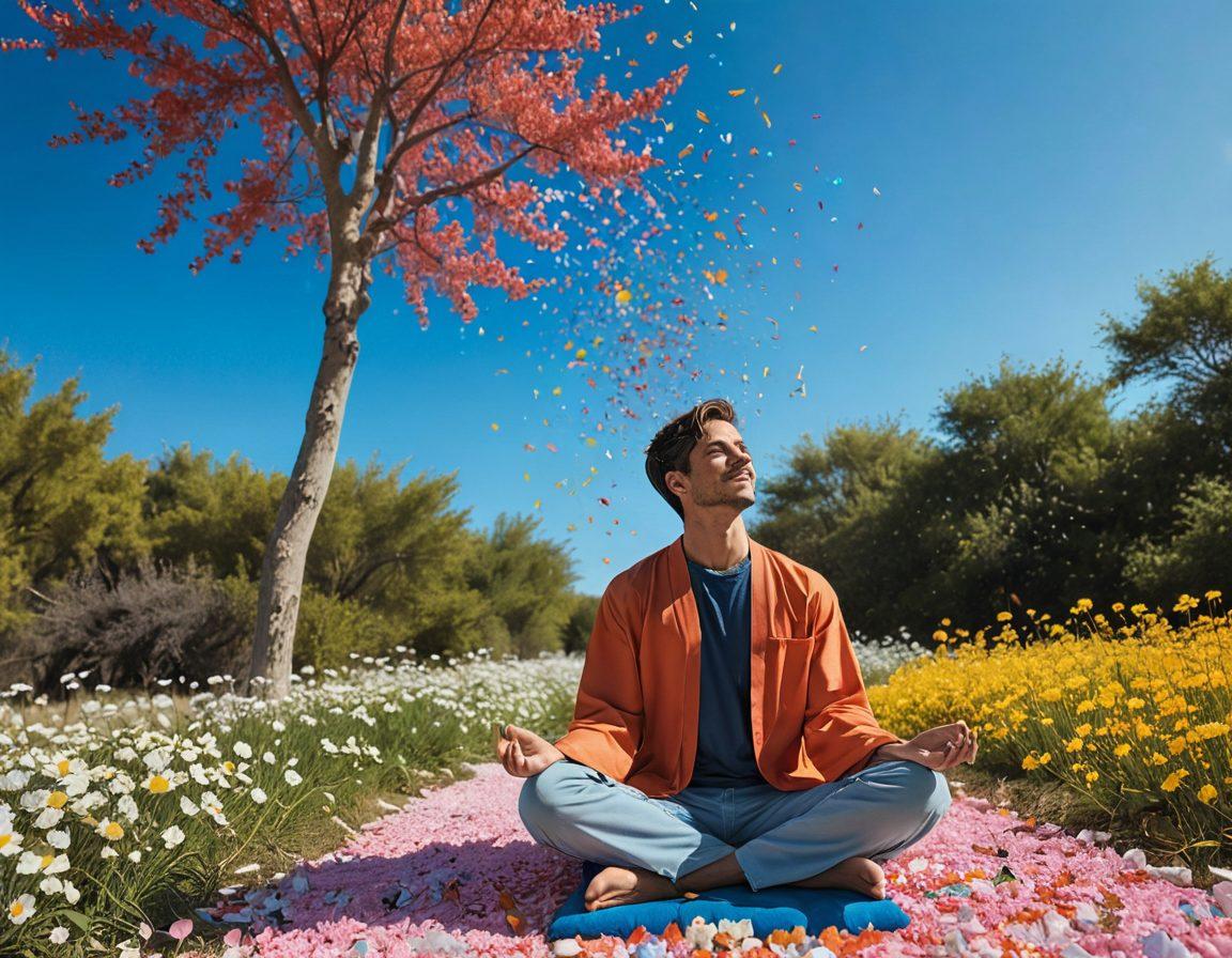 A serene landscape transitioning into an exhilarating scene, depicting a peaceful person meditating on one side and a joyful group of friends celebrating on the other. Bright colors contrast the calmness with vibrant energy, symbolizing the journey from contentment to exhilaration. Include elements of nature, such as blooming flowers and a clear sky, alongside lively confetti and laughter. The canvas should evoke a sense of bliss and positivity. super-realistic. vibrant colors. dynamic composition.