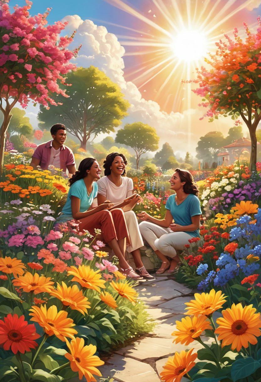 A cheerful garden scene filled with colorful flowers and sunlight, where a diverse group of people are laughing and sharing joyful moments together. Incorporate rays of sunlight breaking through soft clouds, symbolizing hope and positivity. Make the colors vibrant and the atmosphere lighthearted to evoke feelings of happiness and warmth. vector art. vibrant colors. natural elements.